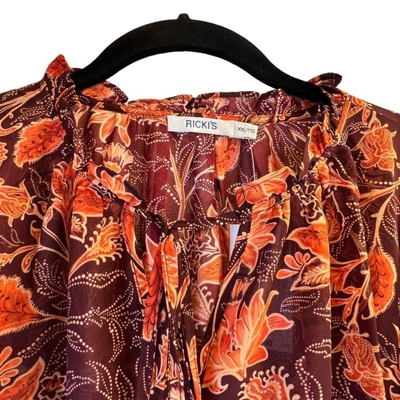 Ricki's Women's Blouse XXL Brown Orange Sheer Ruffle Neck Long Sleeve - Picture 2 of 15